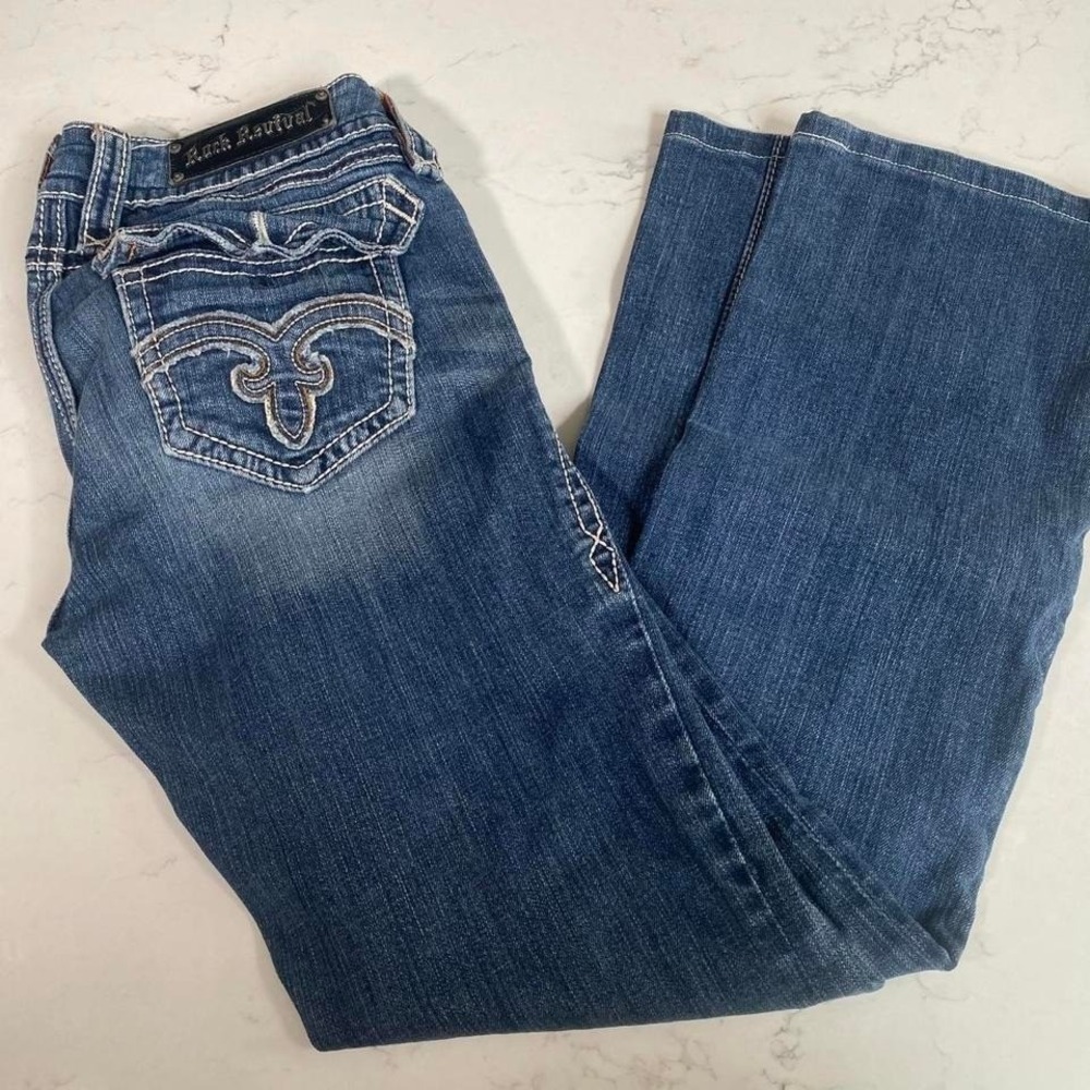 Rock Revival‎ Debbie Boot Cut Jeans Womens Size 29 Medium Wash Thick Stitch Y2K